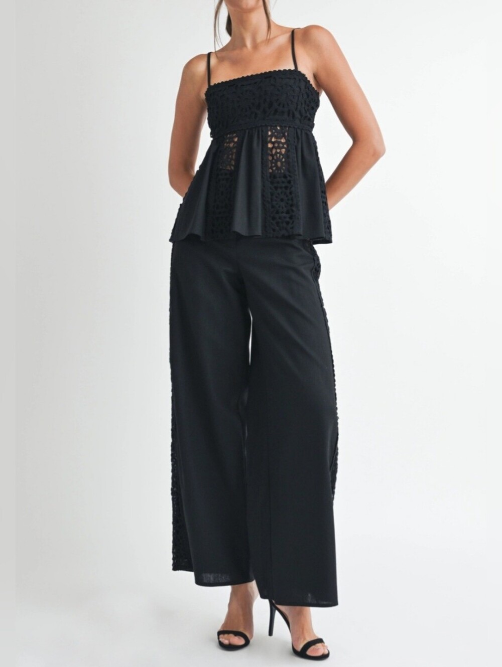 #102887 🛑L Crochet Baby Doll Top & Wide Leg Pants 2pc Set